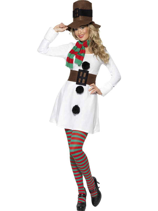 Smiffys Schneefrau Kostüm Damen Weiss Braun mit Kleid, Hut, Schal – Produktansicht