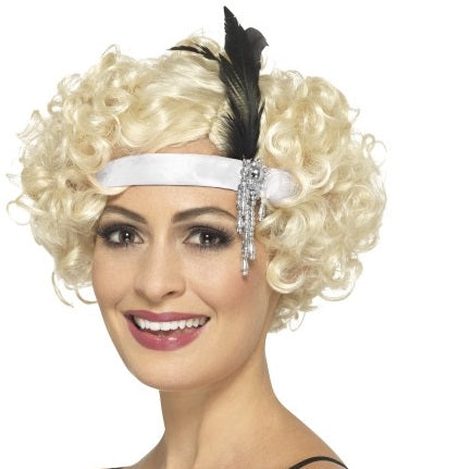 Smiffys Satin Charleston Stirnband Weiss mit schwarzer Feder Vintage Fasnacht24.ch