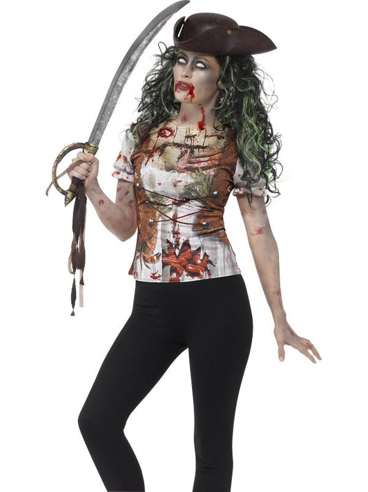 Smiffys Zombie Piratenhemd Damenkostüm 3D Effekt – Braun Weiß - Fasnacht24.ch