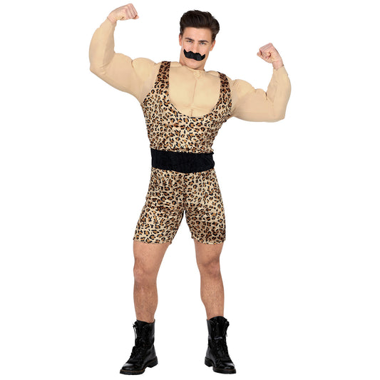 "STARKER MANN" (Overall mit Muskelshirt und Gürtel, Schnurrbart) – Vorderansicht