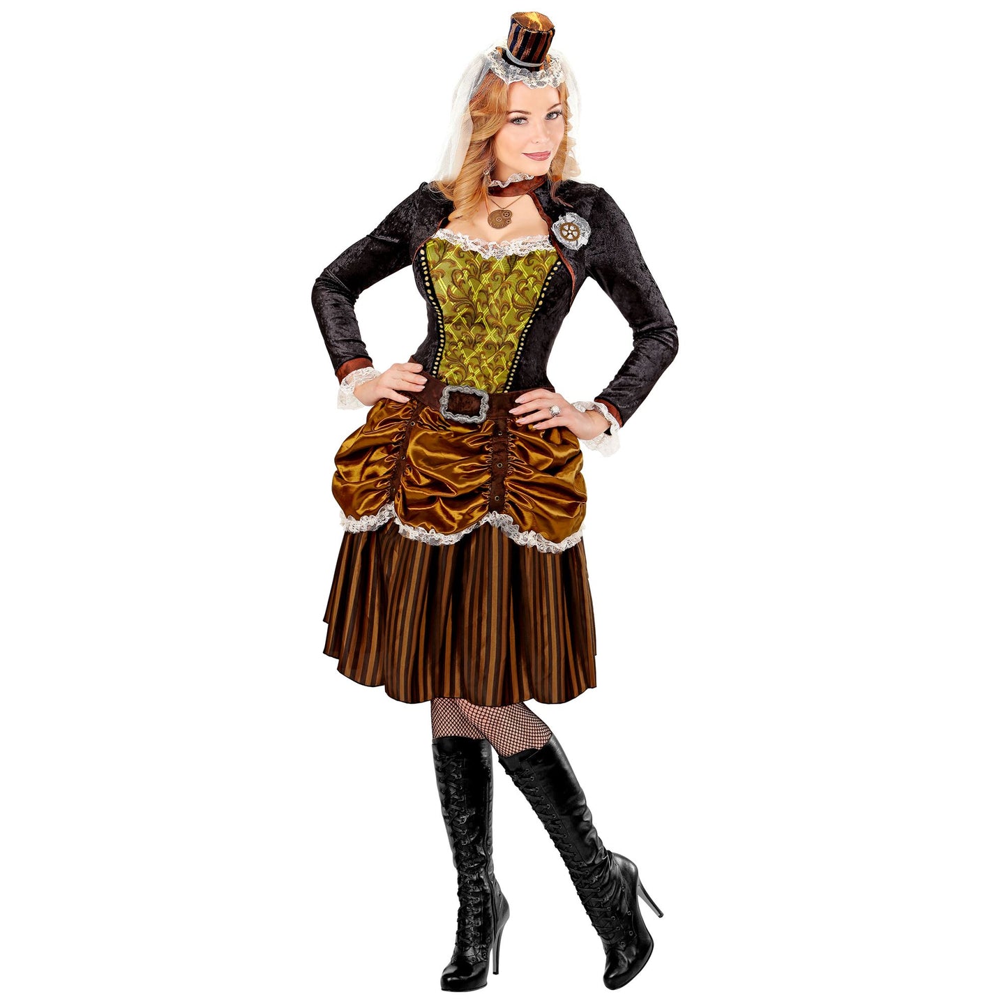 "STEAMPUNK" (Kleid, Gürtel, Minihut) – Detailansicht