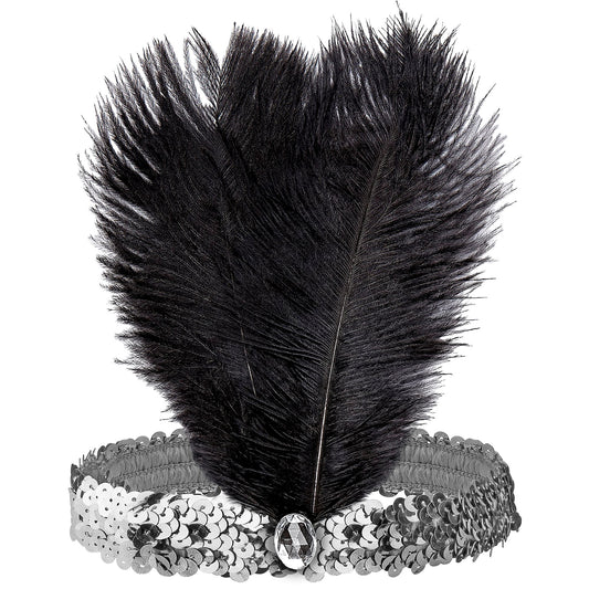 "STIRNBAND THE ROARING 20s AUS PAILLETTEN MIT 2 FEDERN & SILBERNEM EDELSTEIN" – Vorderansicht