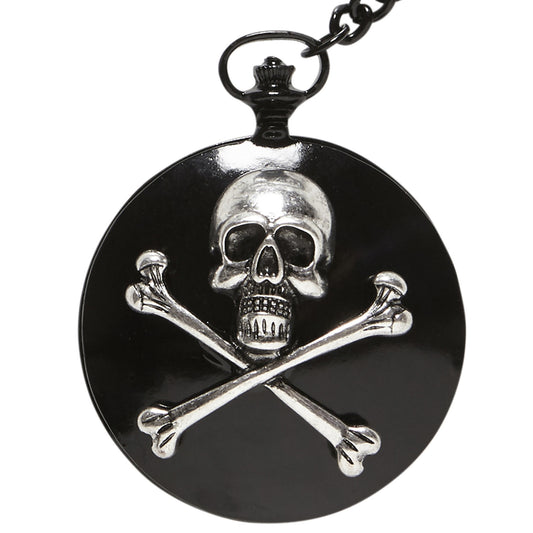 "TASCHENUHR MIT TOTENKOPF UND GEKREUZTEN KNOCHEN AN KETTE" – Vorderansicht