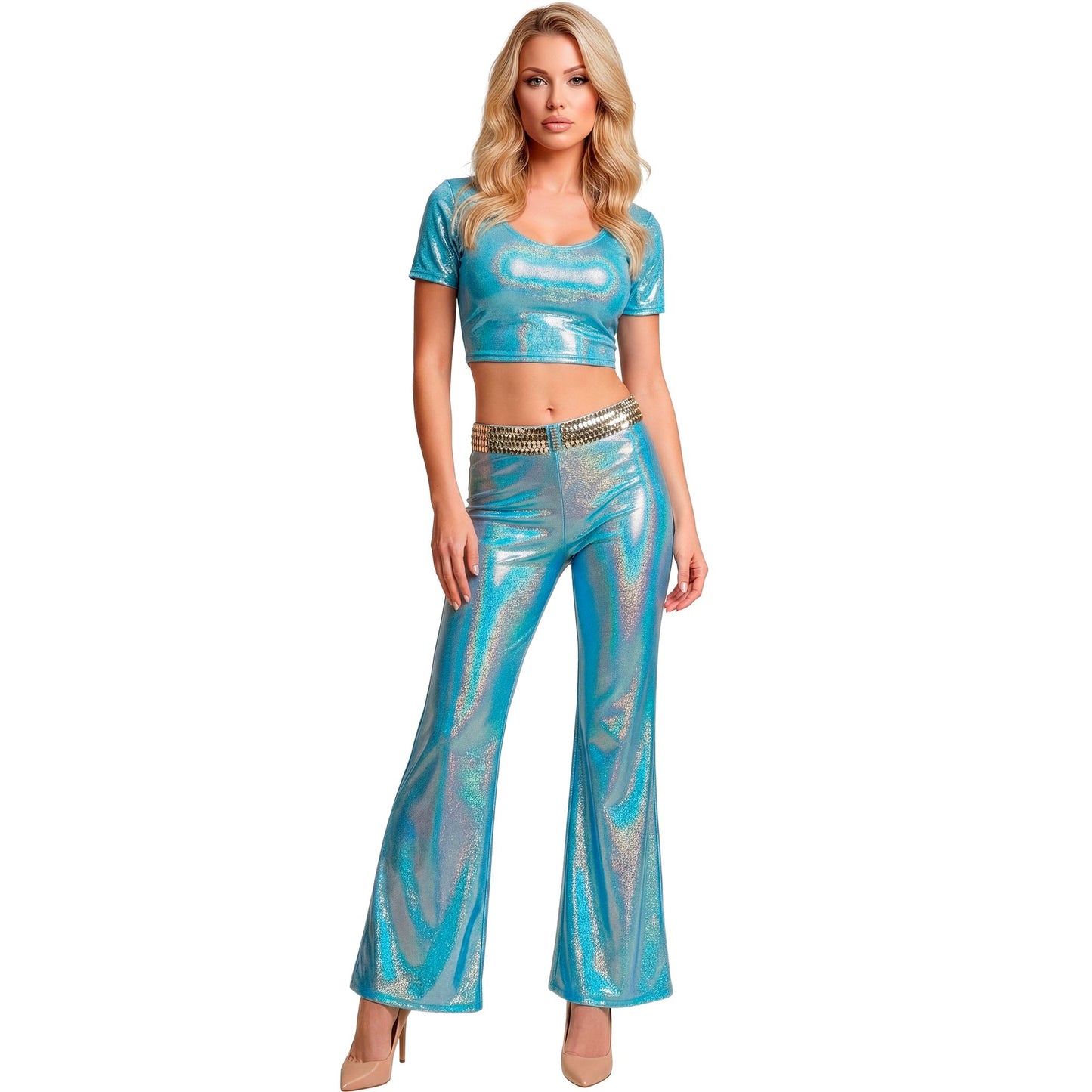 "TOP IN HOLOGRAPHISCHEM STOFF IN BLAU" – Detailansicht