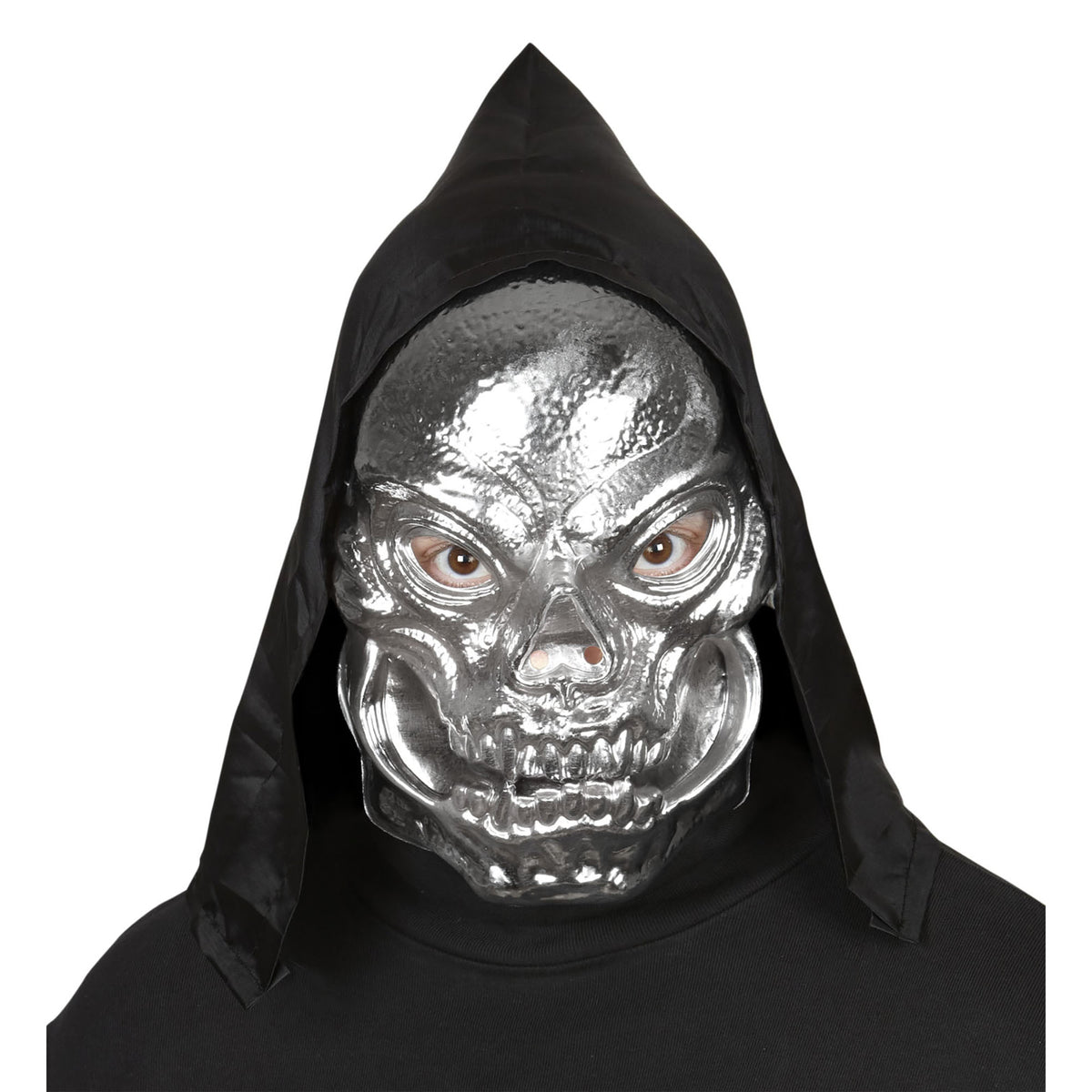 "TOTANKOPF MASKE METALLISCHER LOOK AUS KUNSTSTOFF MIT KAPUZE" – Detailansicht