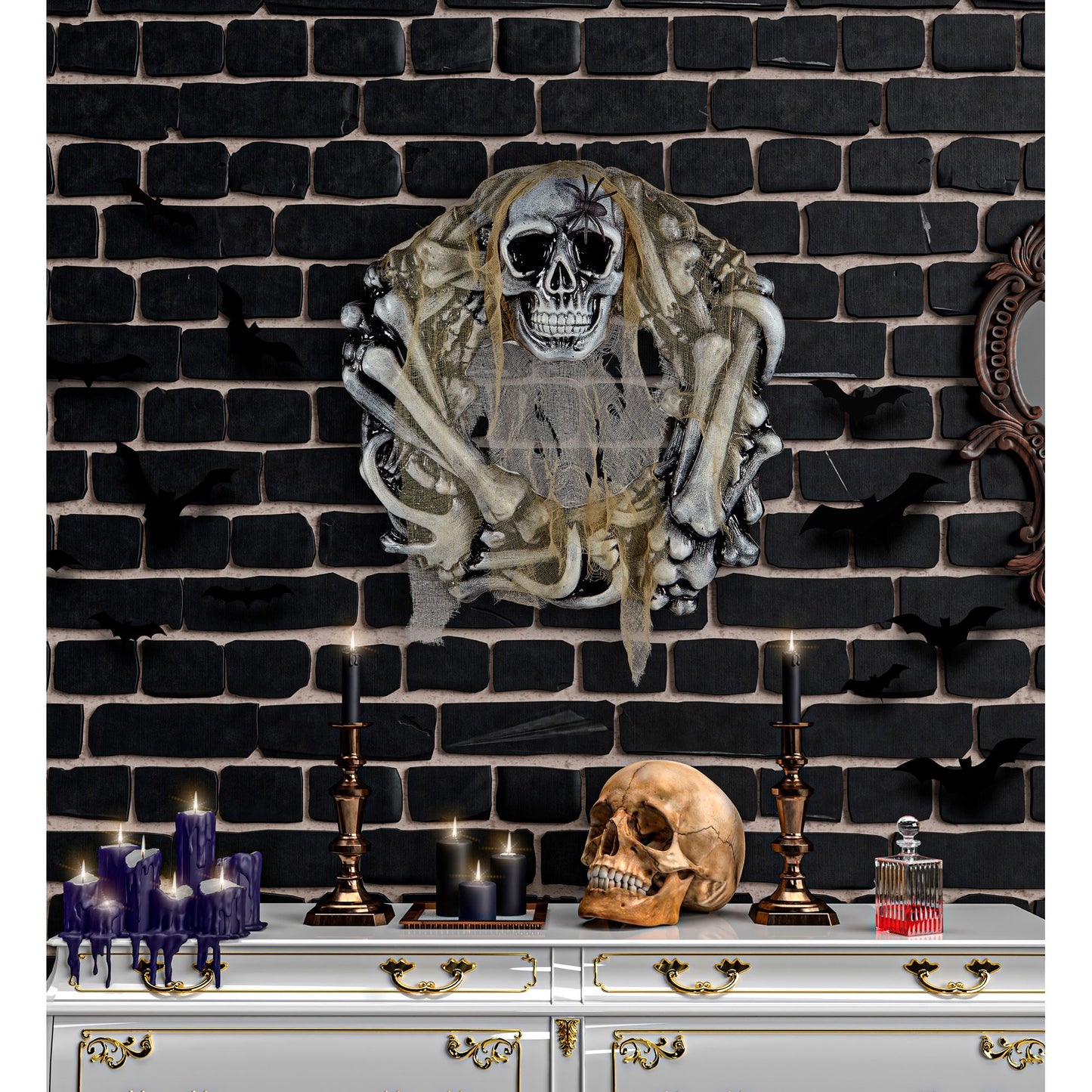 "TOTENKOPF & KNOCHEN KRANZ MIT SPINNE UND LUMPENSTOFF" 50 cm – Detailansicht