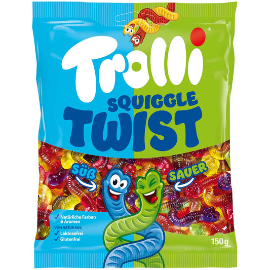 Trolli Squiggle Twist 150g Fruchtgummi Verpackung und Produkt