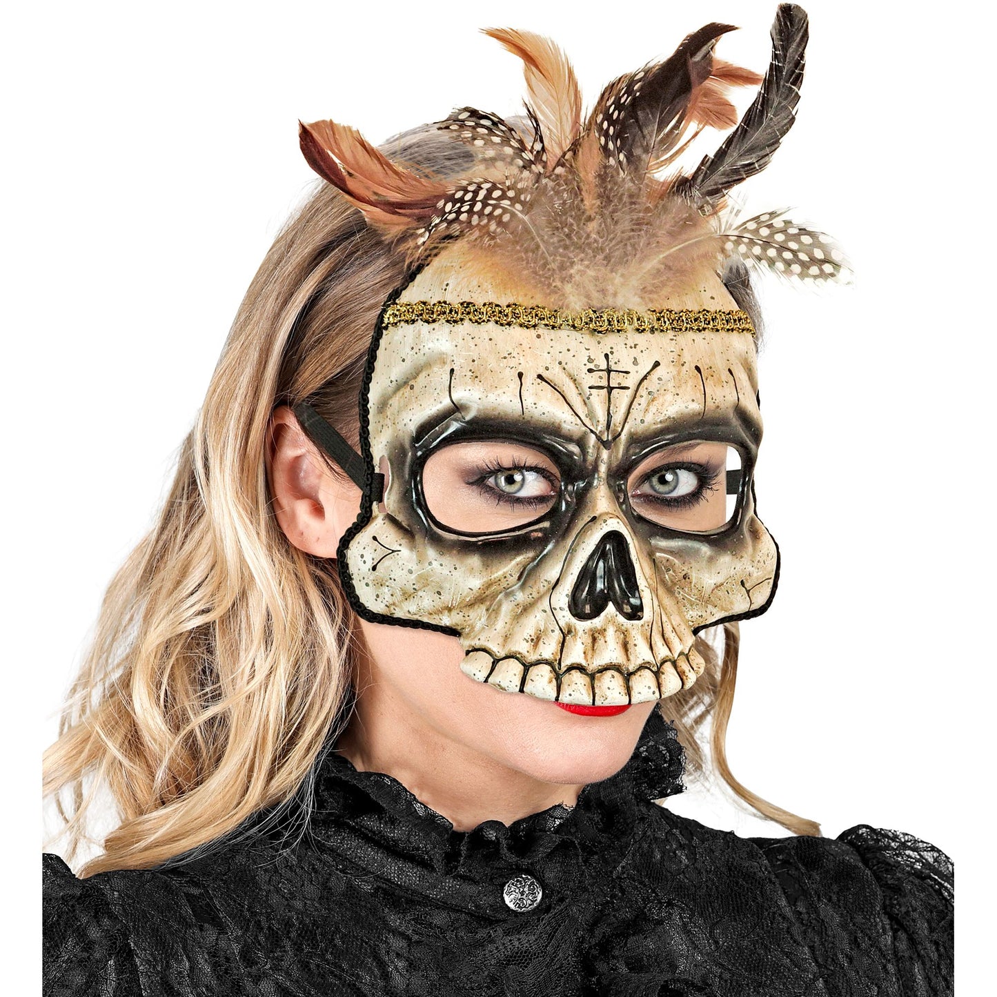 "VOODOO TOTENKOPF MASKE KINNLOS MIT FEDERN AUS HARDPLASTIK" – Ansicht 5
