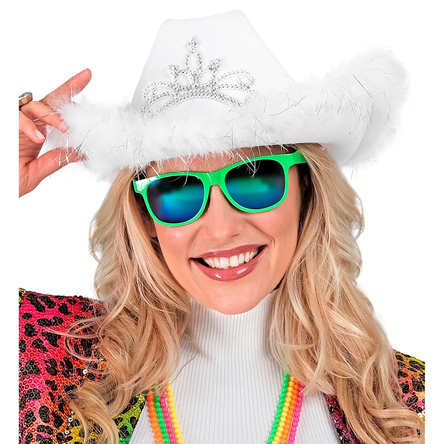 "WEIßER COWGIRL HUT" mit Tiara & Marabu Verzierung mit Lametta Fäden in Silber – Ansicht 4