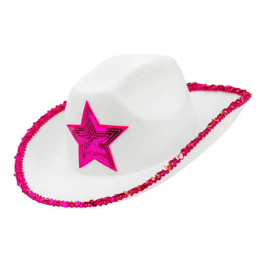"WEIßER COWGIRL PARTYHUT MIT PINKEM STERN AUS PAILLETTEN" – Vorderansicht