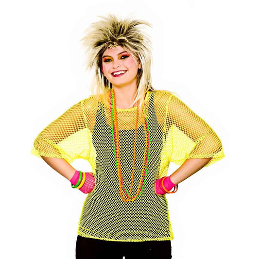 Wicked Costumes 80er Neon Gelbes Mesh Shirt – UV-Aktiv Grösse M