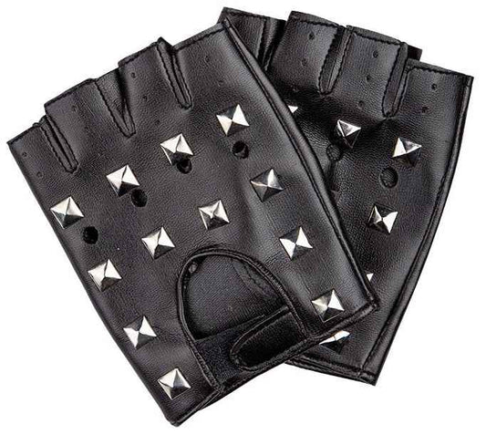 Wicked Costumes Schwarze Leder Biker Handschuhe mit Nieten Halb-Finger