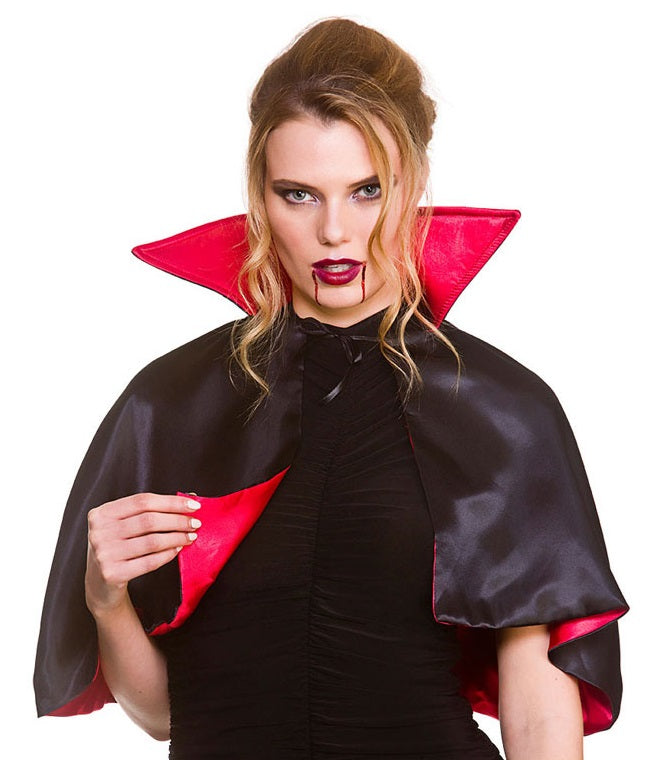 Deluxe vampire cape in black with red satin lining and stand-up collar.