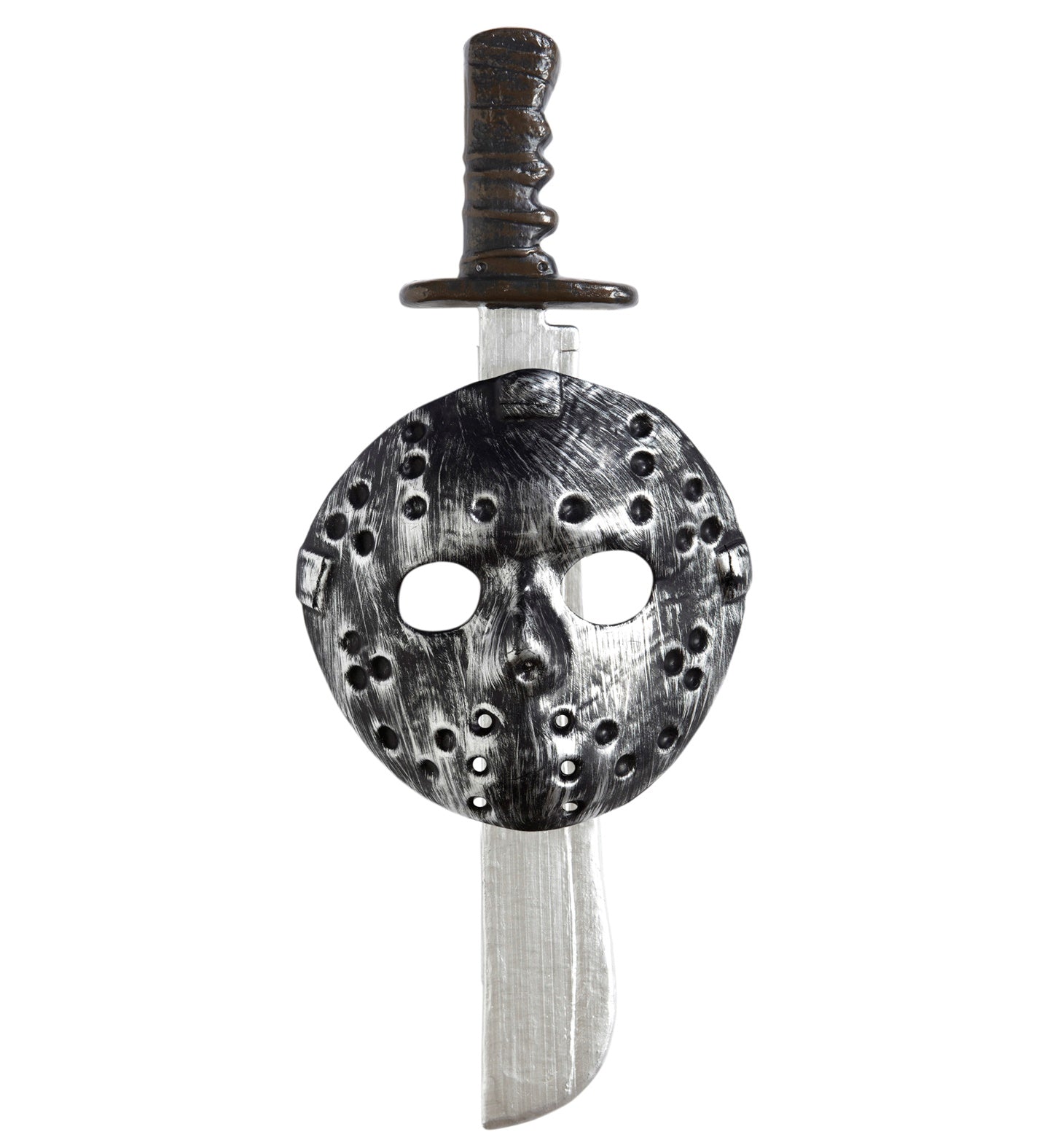 Halloween Myers Maske in Weiß mit detailreicher Textur und Kunststoffmesser in der Hand.