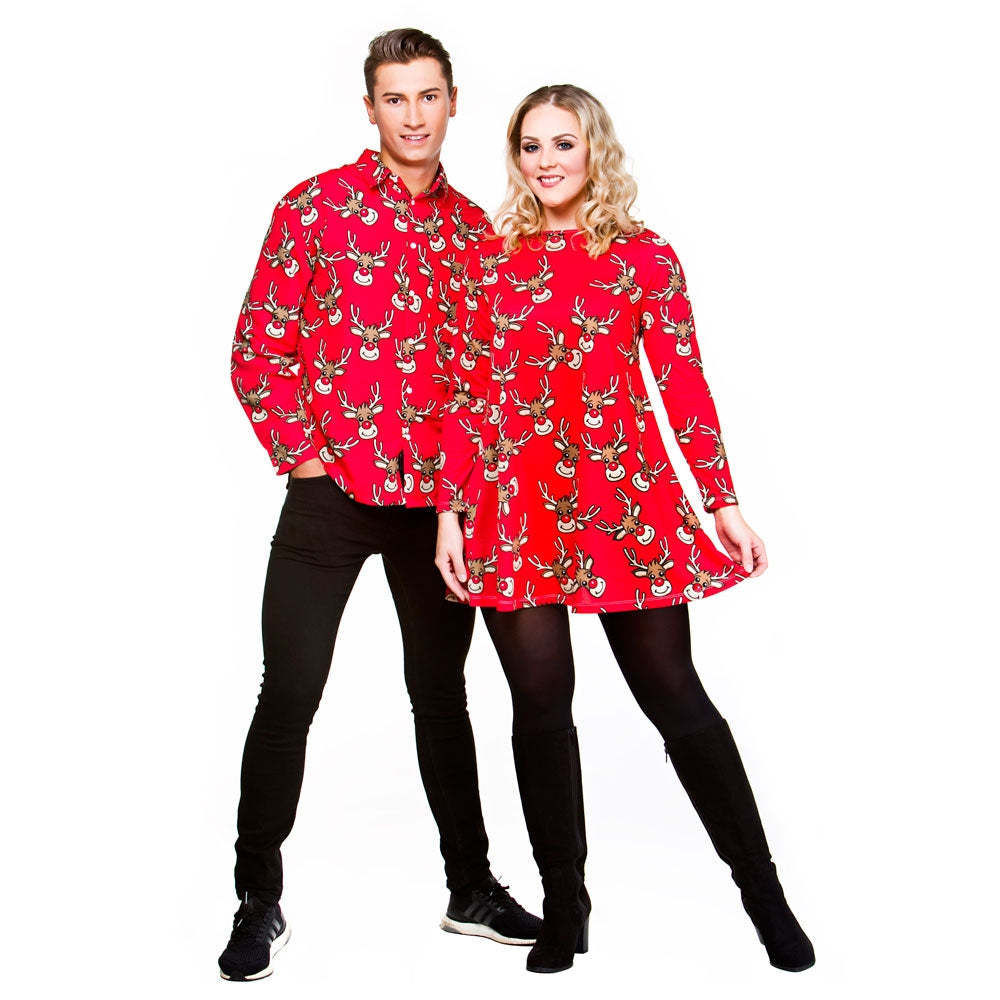 Wicked Costumes Rotes Weihnachtshemd – Rehmotiv, Button-Down - Fasnacht24.ch