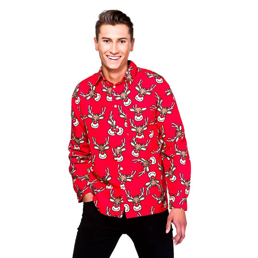 Wicked Costumes rotes Weihnachtshemd mit Rehmotiv und Button-Down-Kragen – Produktansicht