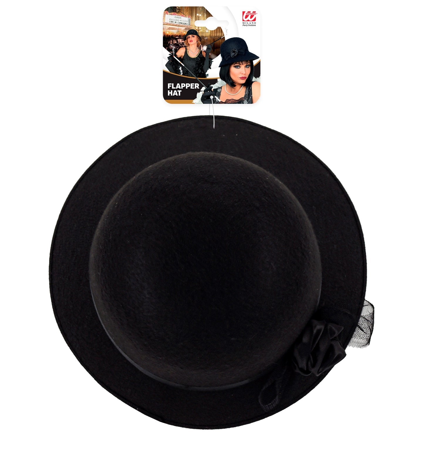 Schwarzer Filzhut im Charleston-Stil der 1920er Jahre mit runder Krone und Snap-Brim.