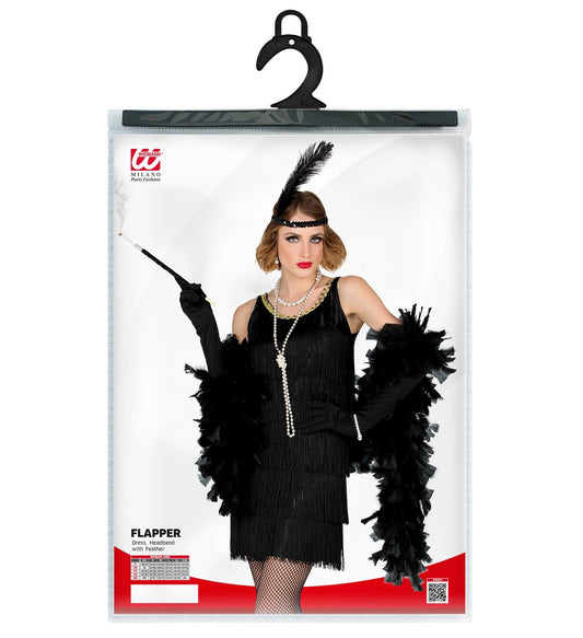 Schwarzes Fransen-Kleid mit Feder-Stirnband und Handschuhen für Damen-Charleston-Kostüm.