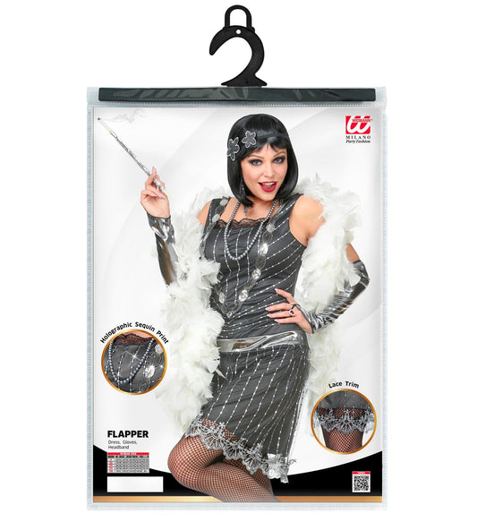 Grey flapper dress costume with glitter, feather boa, arm cuffs, and headband on hanger.