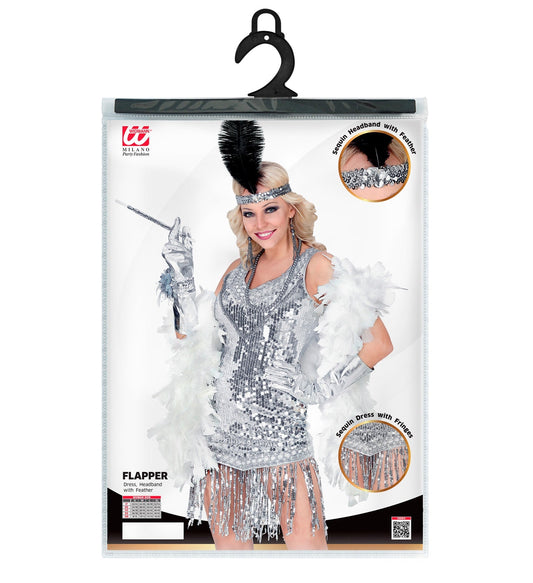 Silver sequin flapper dress on hanger with model, feathers, headband, and cigarette holder.