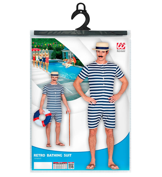Widmann Herren Retro Badeanzug in Tiefblau mit 20er-Jahre-Stil und Streifenmuster.