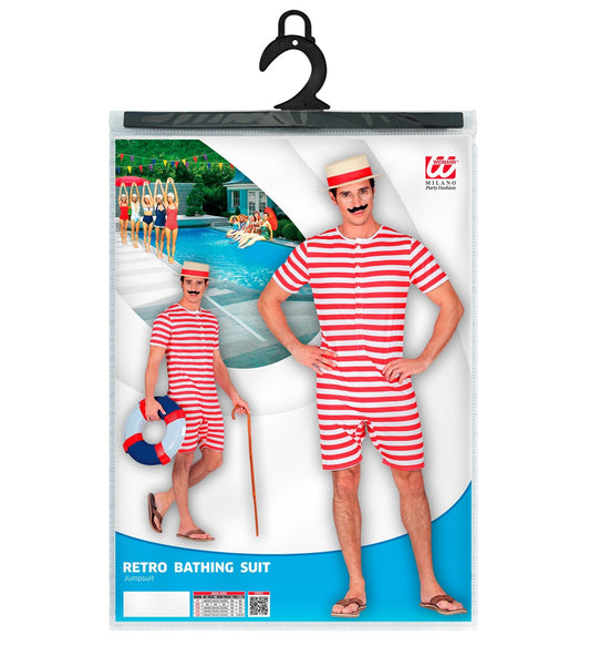 Roter retro Badeanzug für Herren mit Streifen, Hut und Bademantel.