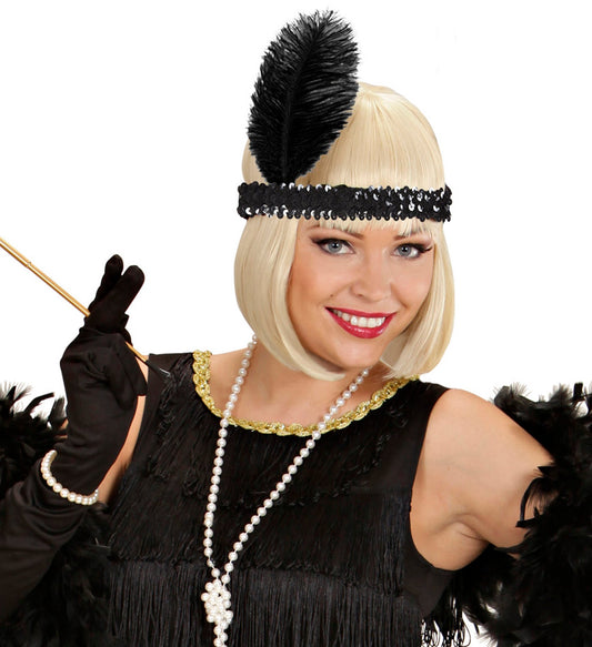 Widmann 1920er Jahre Schwarzes Pailletten Stirnband Mit Feder – Charleston Style - Fasnacht24.ch