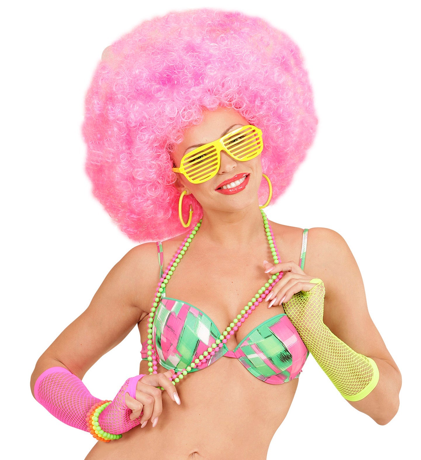 Set of 4 neon glowing bead armbands for parties, on elastic bands.