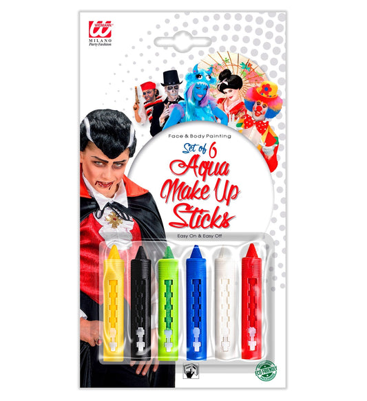 Pack of 6 Widmann Aqua Twist-Up Face Paint Sticks in vibrant colors.