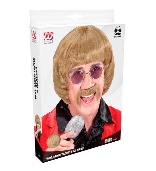 Blonde, shaggy 60er Jahre PerĂŒcke mit Schnurrbart und klaren Retro-Brillen Set