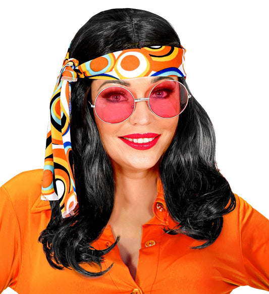 Schwarze 70er Jahre Disco-Perücke mit Kopfband für Unisex-Tragekomfort.