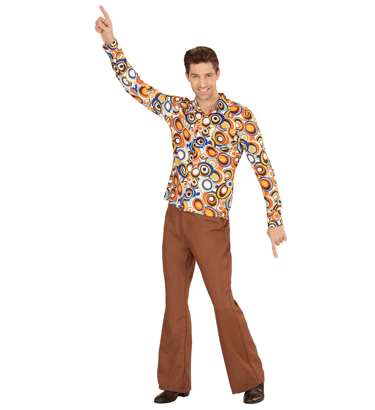 Man in colorful 70s bubble print disco shirt with flared brown pants, posing dynamically.