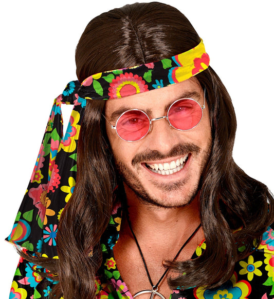 Colorful 70s hippie headband with flower power daisy print.