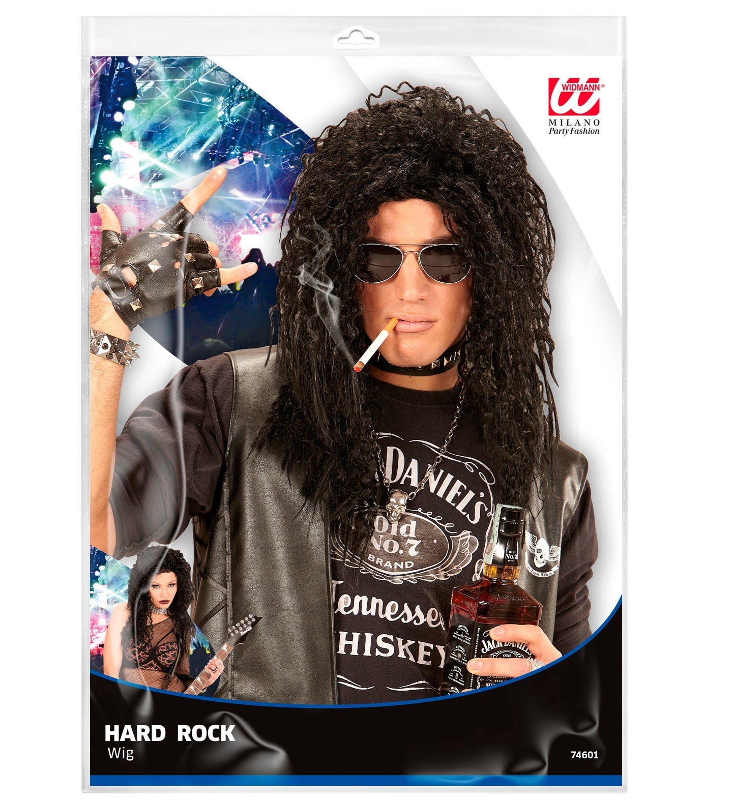 Schwarze, lockige Perücke im 80er-Jahre Hard Rock Stil für Kostümpartys.