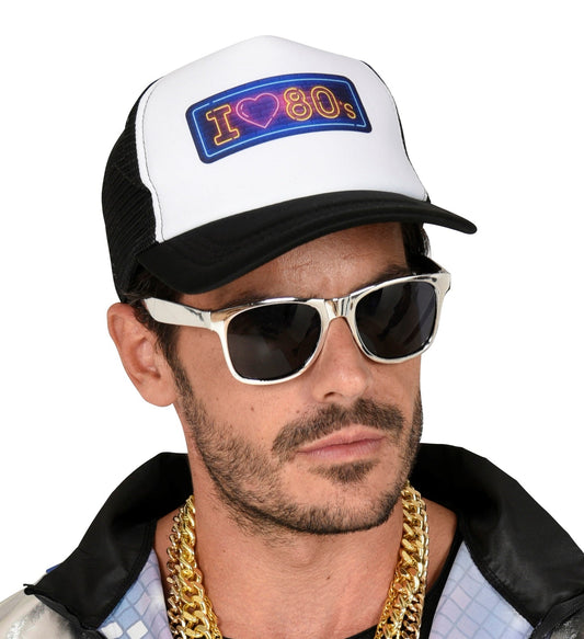 White adjustable cotton baseball cap with embroidered "I Love 80's" logo on front.