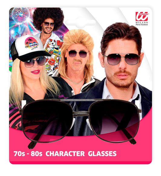 Unisex 80s retro character glasses with black tinted UV-400 lenses and plastic frame.