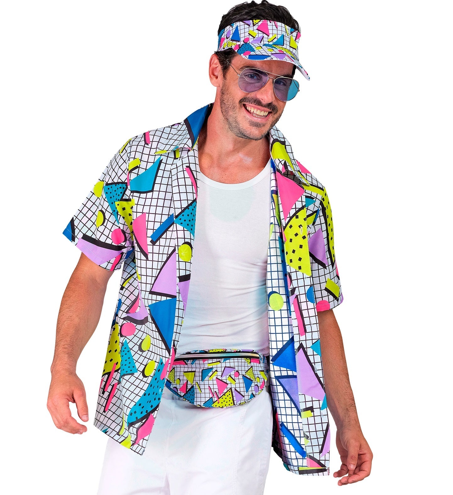 Weißes 80er Jahre Set mit Gürteltasche und Schirmmütze im Retro-Stil