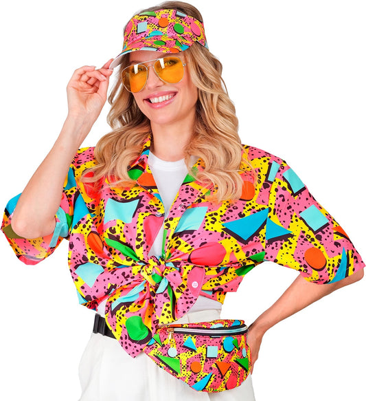 Neonfarbenes Herrenhemd mit geometrischem Muster im Retro-Stil der 80er Jahre.