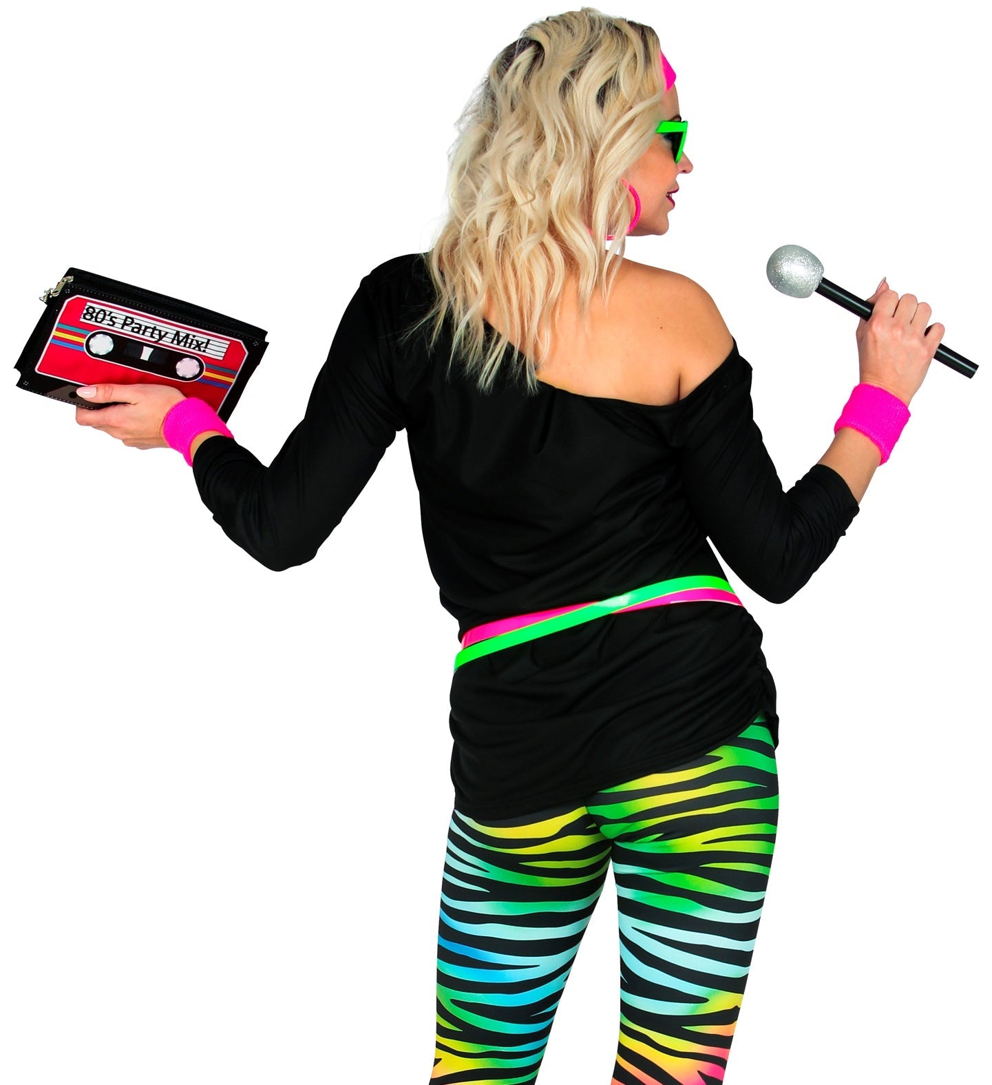 Woman in 80s outfit holding mixtape and microphone, viewed from behind.