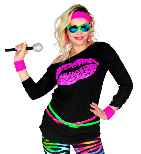 Black crew-neck cotton T-shirt with pink kiss graphic and 80s neon accents.