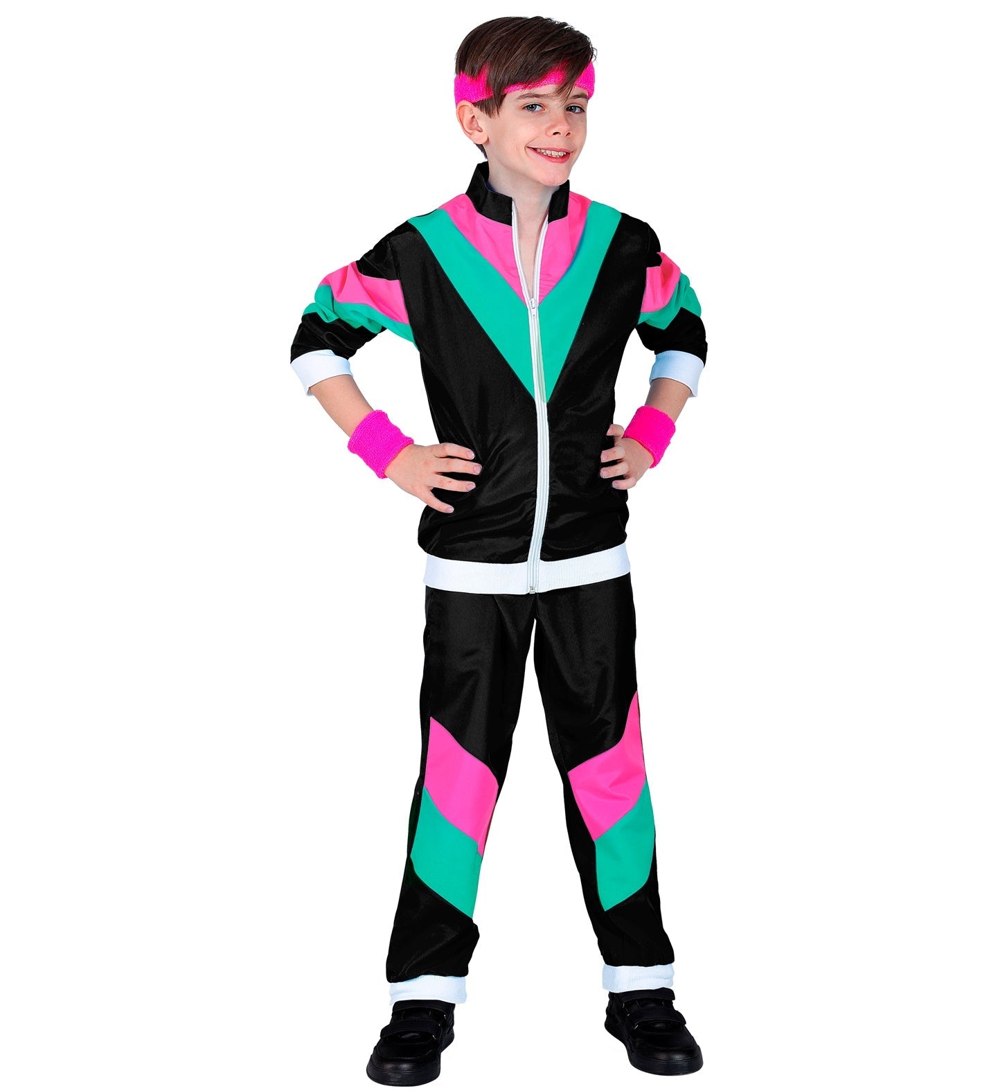 Schwarzer 80er-Jahre Jogginganzug für Kinder mit pinken und grünen Streifen.