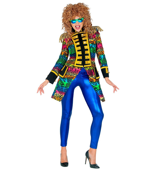 Widmann women's rainbow tailcoat jacket in 80s neon style with fringed shoulders and blue pants.
