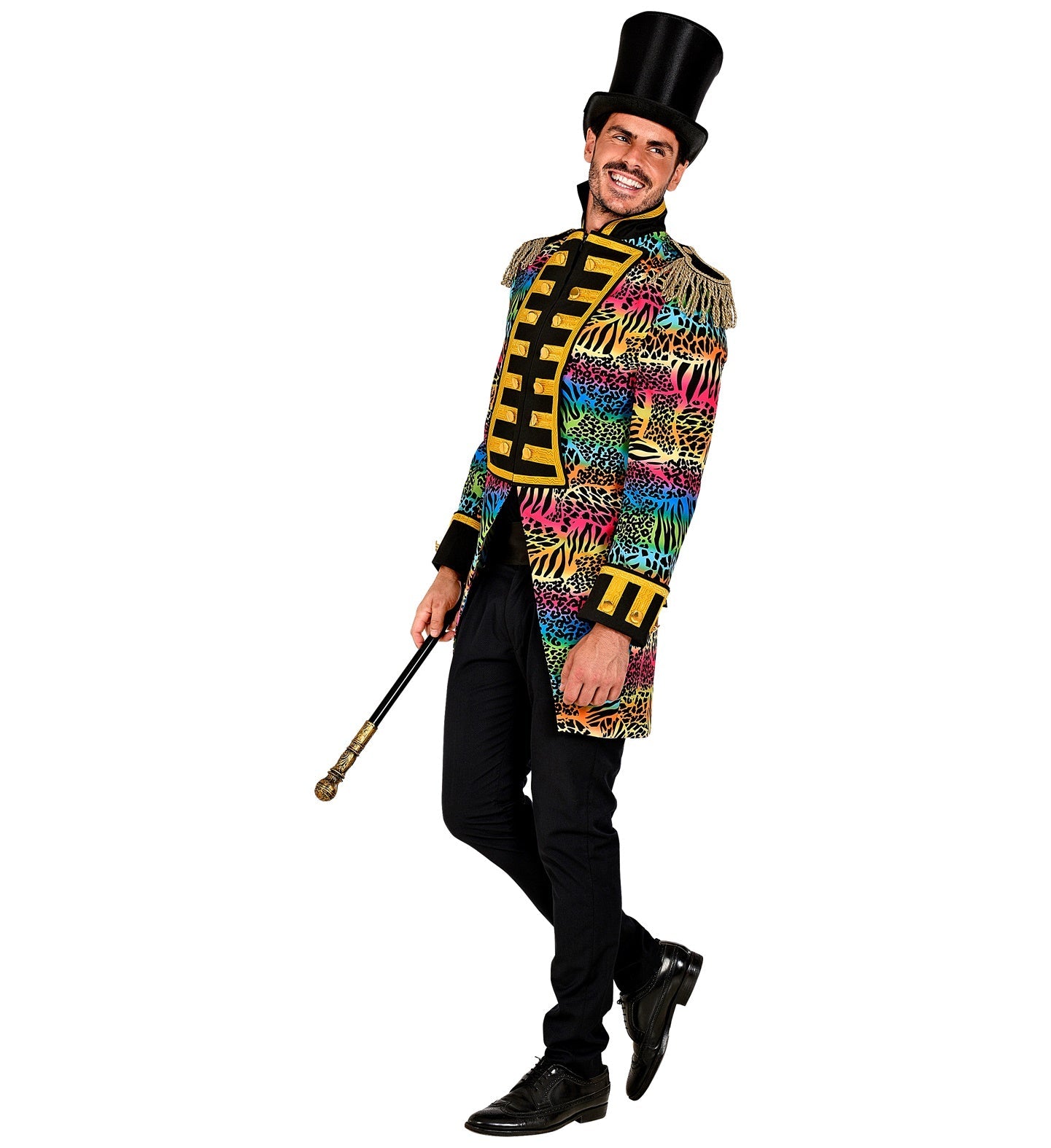 Man in 80s rainbow neon tailcoat with top hat and cane.