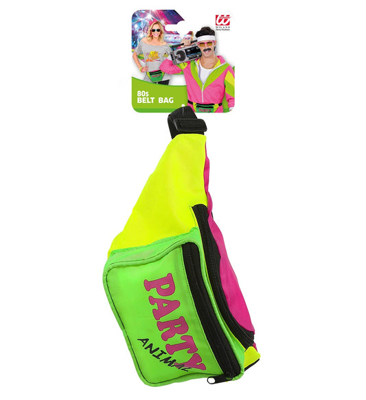 Neon green 80s fanny pack with "PARTY ANIMAL" text, hanging from card.