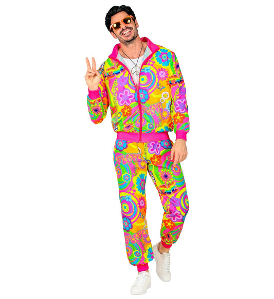 Unisex 80s neon groovy love tracksuit in pink and green with vibrant circle patterns.