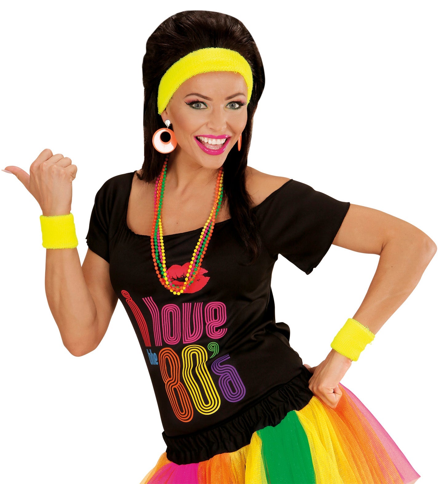 Woman wearing 80s retro outfit with black top, colorful tutu, and yellow headband.