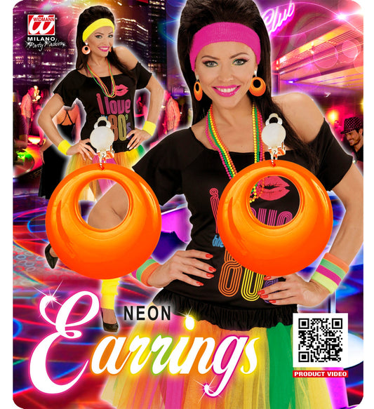 Pair of large neon orange hoop earrings in retro 80s plastic style.