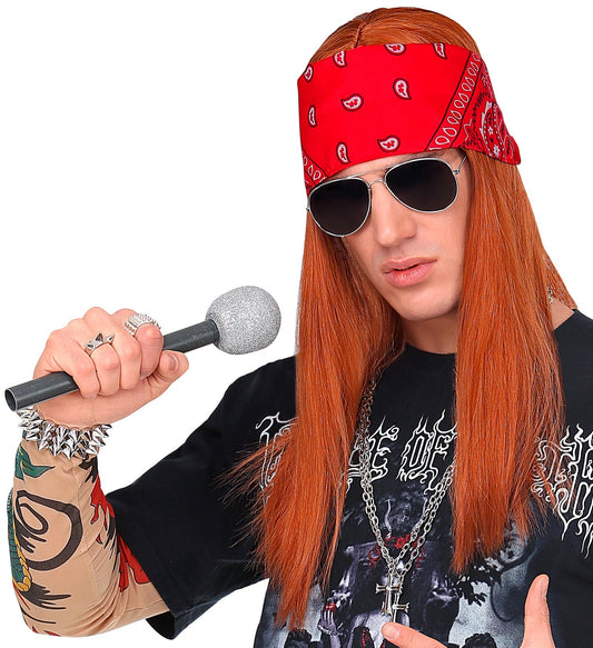 Schwarze 80er-Jahre Rockerperücke mit Bandana und Sonnenbrille in einem Set.