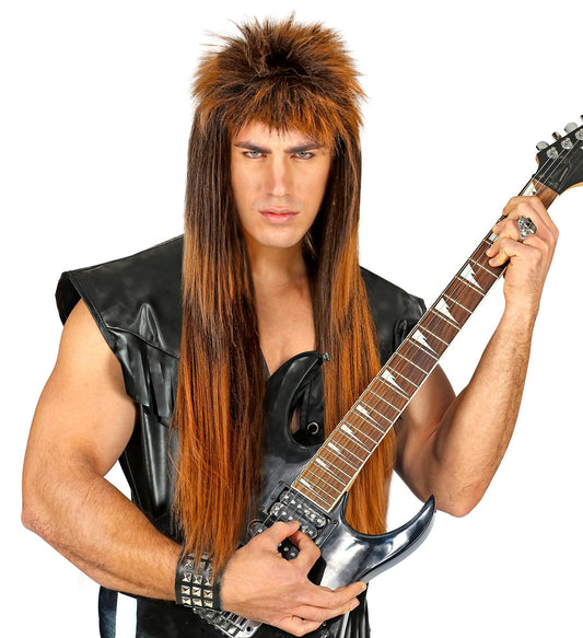 Widmann 80er Jahre Rockerperücke mit wilden, lockigen, synthetischen Haaren in Schwarz.