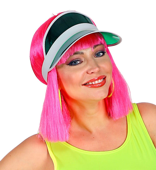 Neon-grünes 80er Jahre Sonnenvisier mit verstellbarem Kopfband und UV-Schutzschild für Erwachsene.